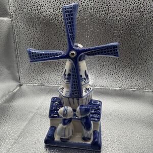 Vintage VDF Belgium Blue & White Windmill With Couple Kissing Figurine